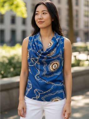 Koan Daily Royal Blue Chain Print Cowl Neck Tank